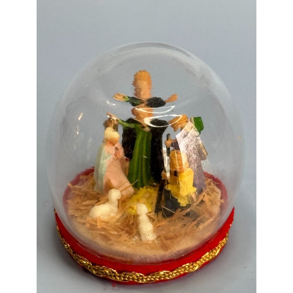 Vintage Nativity Scene Snow Globe With Red & Gold Base